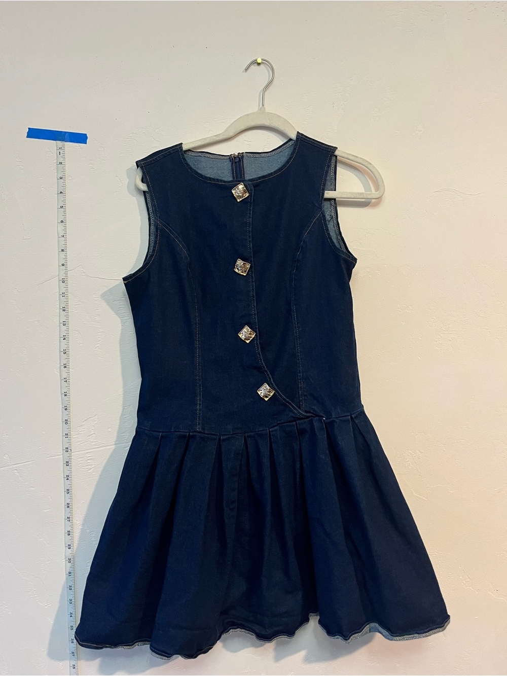 SHEIN Navy Sleeveless Denim Dress with Decorative Gem Buttons